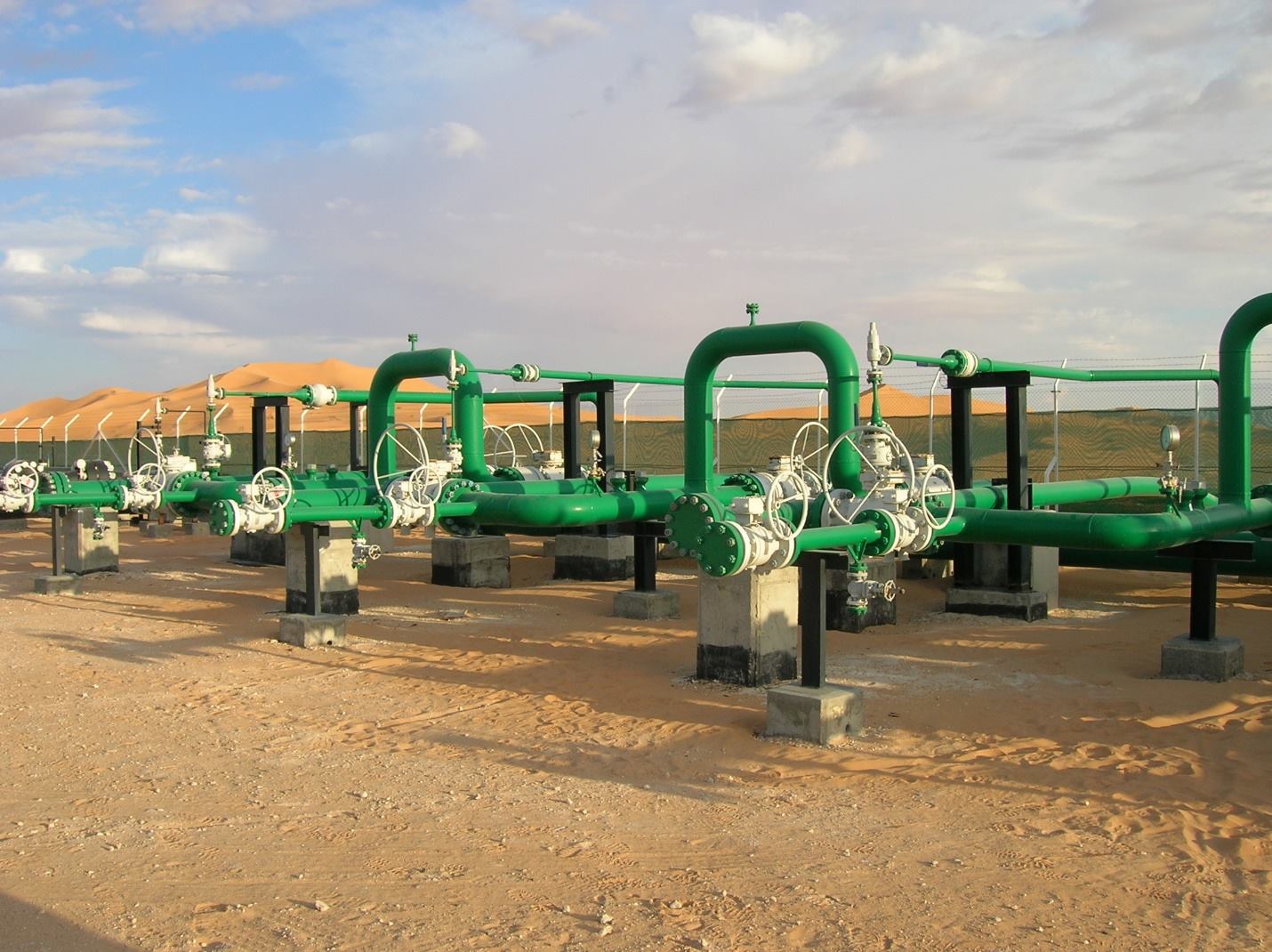 Pipeline manifold and valves at a desert oil field